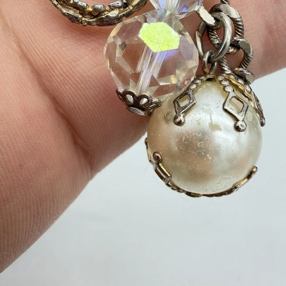 Vintage Charm Bracelet Dangling AB Crystal Faux Pearl Ball Filigree Read